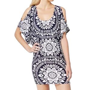 Trina Turk Printed Cold-Shoulder Tunic Cover-Up Dress Blue White — Size M